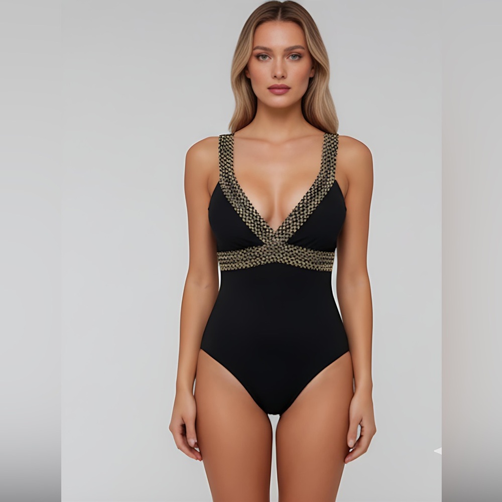 Gold Trim One Piece Swim Suit Bathing Suit